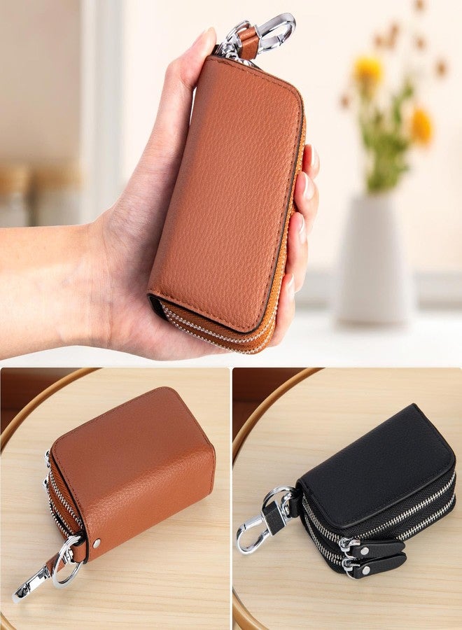 UVKDEENK 2 Pack Double Zipper Car Key Case, Retro Leather Car Key Fob Holder, Women Key Organizer with Metal Hook Keyring, Mens Vintage Key Coin Bag Black Brown - Image 4